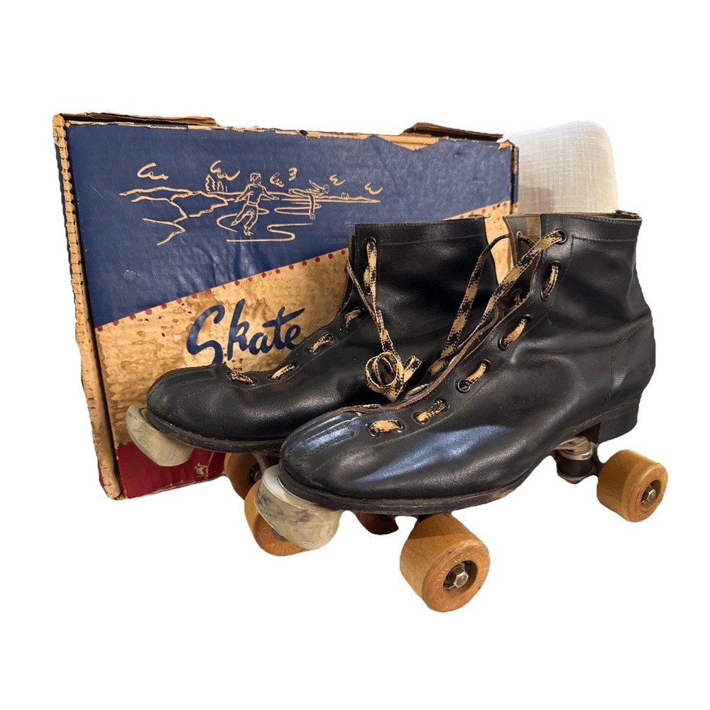 Antique Chicago Roller Skate Co Ware Bros Black Leather Wood Wheels Sz 7 W/ Box‎